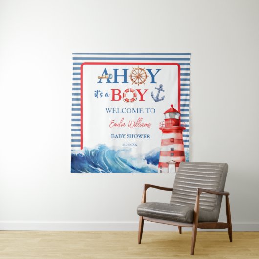 Tenture Grand Striped Blue Red Nautical Ahoy Boy  (En situation)