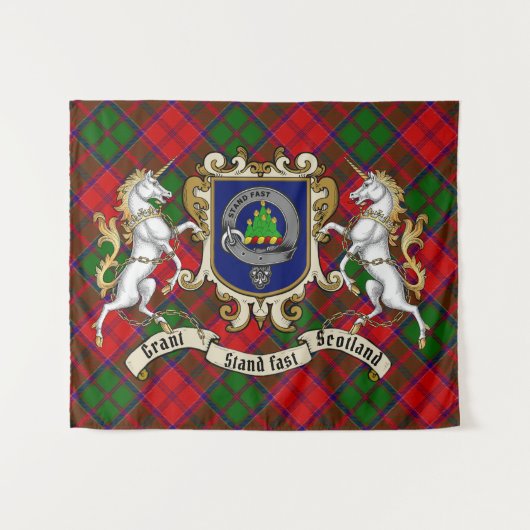 Tenture Grant Clan Badge & Unicorns avec Tartan (Devant (Horizontal))
