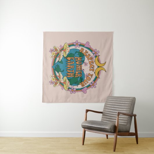 Tenture Graphique de la Terre mère rétro des années 70 (En situation (horizontale))