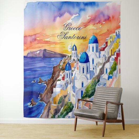 Tenture Grèce Santorini Aquarelle Croquis mer Egée | (En situation)