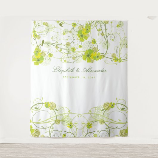 Tenture Green Hibiscus & Swallows Floral Wedding Backdrop (Devant)