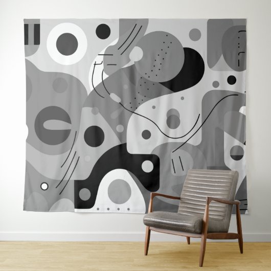 Tenture Gris blanc noir, formes blanches design moderne (En situation (horizontale))