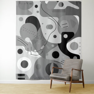 Tenture Gris blanc noir, formes blanches design moderne