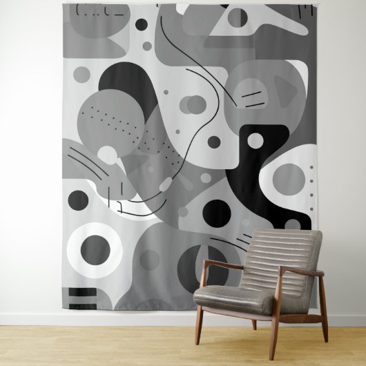 Tenture Gris blanc noir, formes blanches design moderne (En situation)