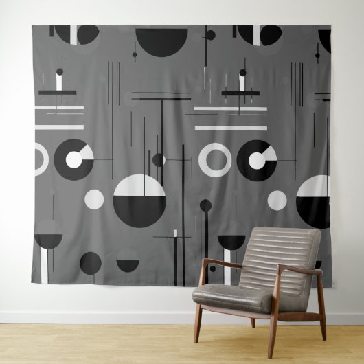 Tenture Gris blanc noir, formes blanches design moderne (En situation (horizontale))