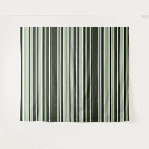 Tenture Gris, vert, rayures blanches.