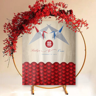 Tenture Grues en papier rouge et bleu Double Mariage de bo