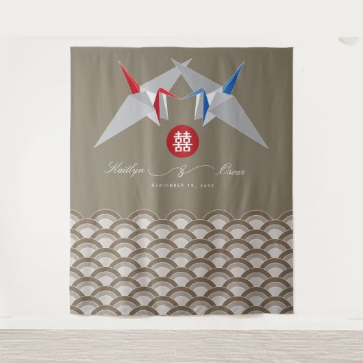 Tenture Grues en papier rouge et bleu Origami Mariage chin (Devant)