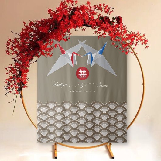 Tenture Grues en papier rouge et bleu Origami Mariage chin