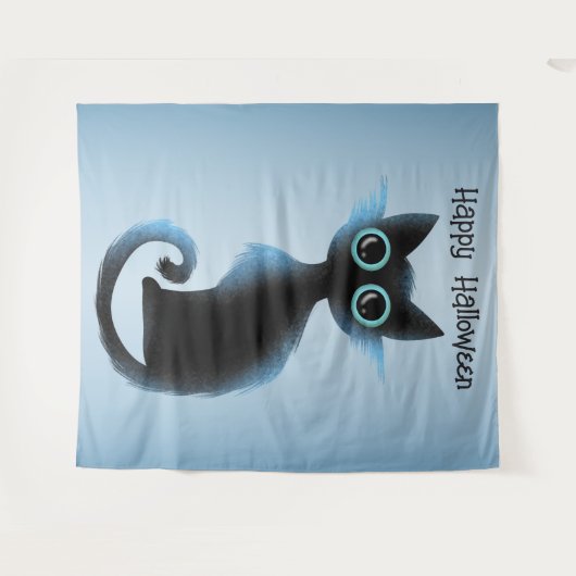 Tenture Halloween Big Eyes Black Blue Evil Chat (Devant (Horizontal))
