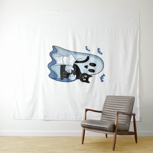 Tenture Halloween bleu Denim Ghost et chat (En situation (horizontale))