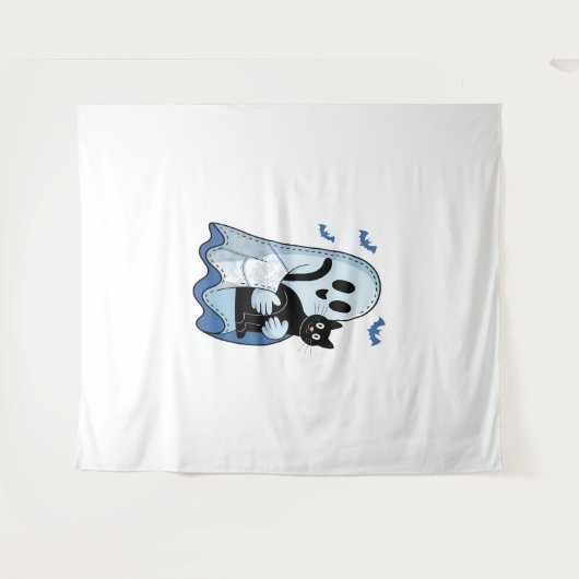 Tenture Halloween bleu Denim Ghost et chat (Devant (Horizontal))