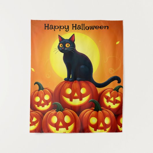 Tenture Halloween chat noir mignon et lanternes Jack (Devant)