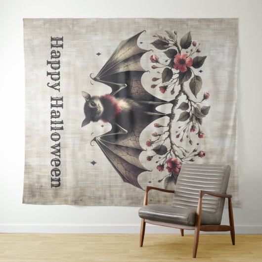 Tenture Halloween Fleurs roses mal chauve Feuilles verts c (En situation (horizontale))