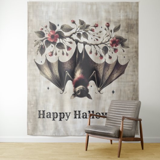 Tenture Halloween Fleurs roses mal chauve Feuilles verts c (En situation)