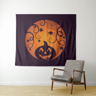 Tenture Halloween Jack-o'-lantern citrouille visage et ara