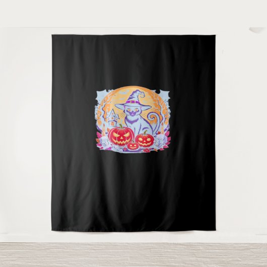 Tenture Halloween mignon Fantôme Citrouille Chat classique (Devant)