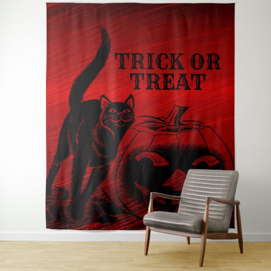 Tenture Halloween Parti mal noir Chat Citrouille rouge peu (En situation)
