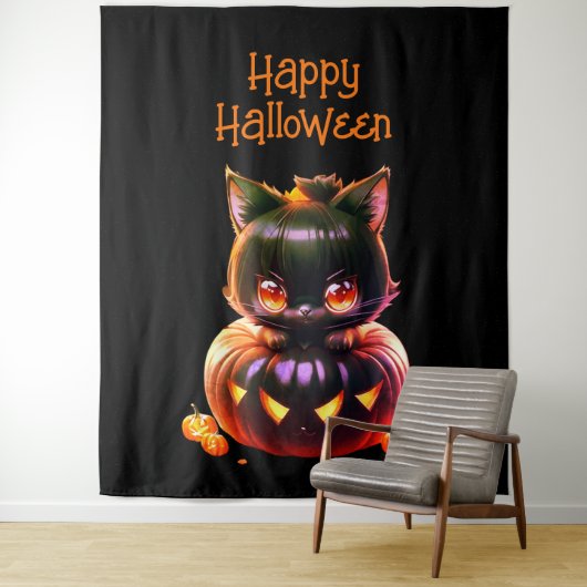 Tenture Halloween Party Chat noir Citrouille Horreur (En situation)