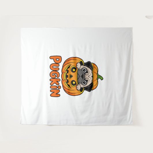 Tenture Halloween Pugkin, chien Citrouille Carlin (Devant (Horizontal))