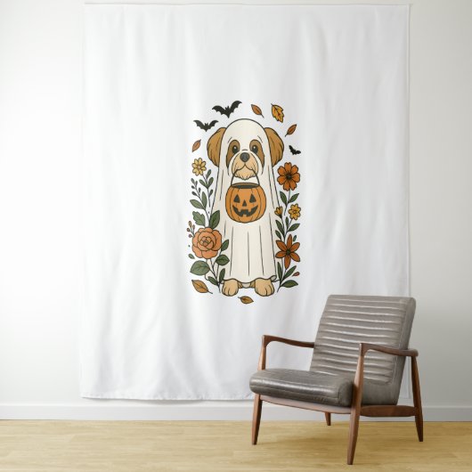 Tenture Halloween Shih Tzu avec des fleurs d'automne (En situation)