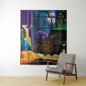 Tenture Halloween sorcière chat violet magie (En situation)