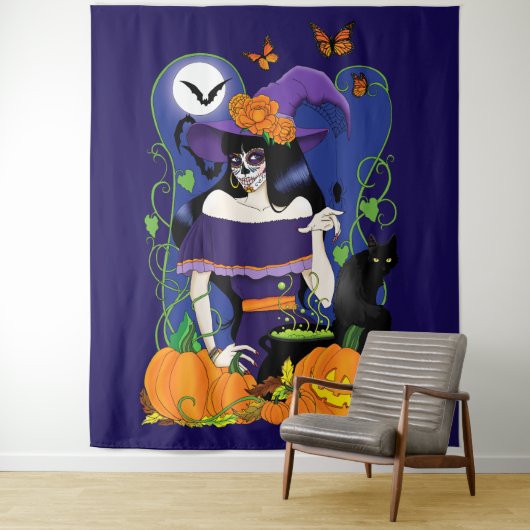 Tenture Halloween Witch Sugar Skull (En situation)