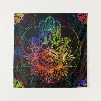 Tenture Hamsa orné : motif néon dessiné à la main.