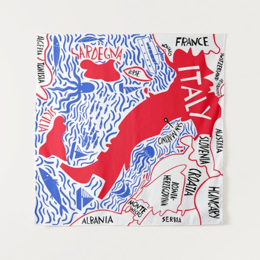 Tenture hand drawn stylized map of Italy. Travel illustrat (Devant (Horizontal))