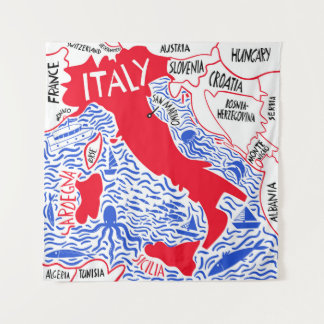 Tenture hand drawn stylized map of Italy. Travel illustrat