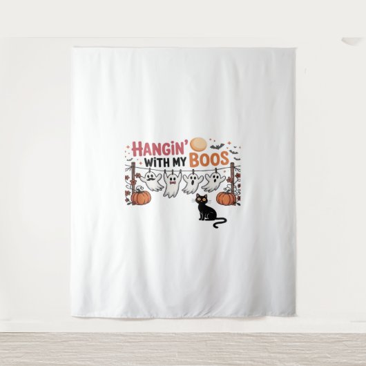 Tenture Hangin Avec Mon Fantôme Boos Tenant Chat Noir Drôl (Devant)