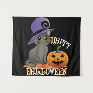 Tenture Happpy Halloween Chat avec Citrouille