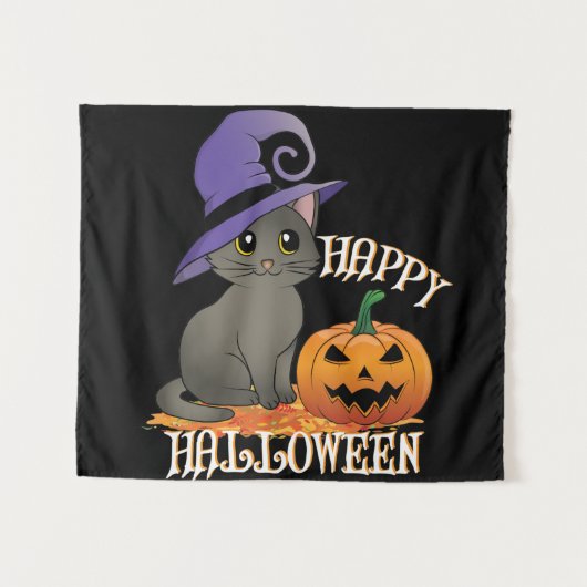 Tenture Happpy Halloween Chat avec Citrouille (Devant (Horizontal))