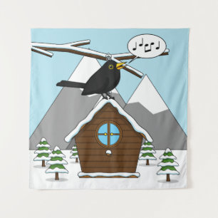 Tenture Happy Blackbird chanter dans le paysage hivernal