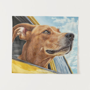 Tenture Happy Dog in Yellow Car Art Print