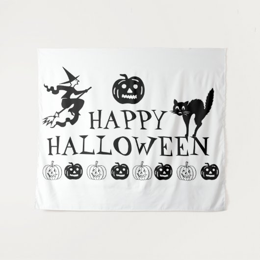 Tenture Happy Halloween éffrayant noir blanc (Devant (Horizontal))