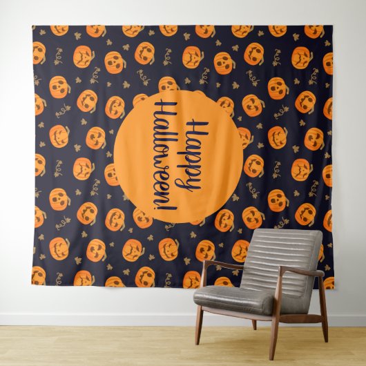Tenture Happy Halloween Funny mignon Motif Citrouille (En situation (horizontale))