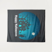 Tenture Happy Halloween Maison hantée bleue et noire (Devant (Horizontal))