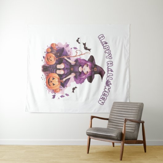 Tenture Happy Halloween violet sorcière Citrouilles et cha (En situation (horizontale))