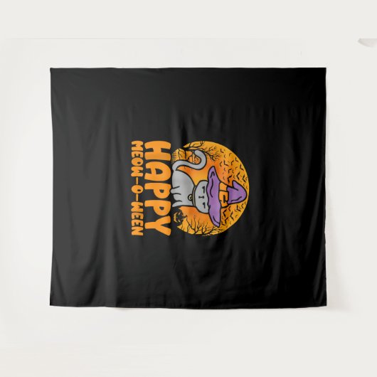 Tenture Happy Meow O Ween Citrouille Chat Witch Pleine lun (Devant (Horizontal))