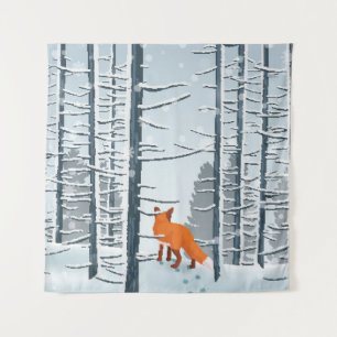 Tenture Happy Winter with Forest Landscape and fox animal