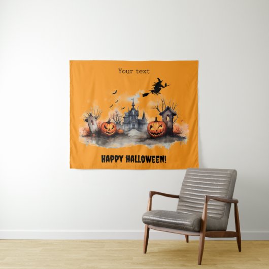 Tenture Haunted House citrouille sorcière orange (En situation (horizontale))