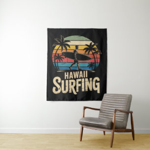 Tenture Hawaii Surf Rétro - Surfeur Rétro de Plage au Couc