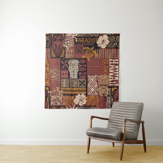 Tenture Hawaiian style tribal motif fabric patchwork abstr (En situation)