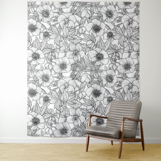 Tenture Hellebores en noir et blanc (En situation)