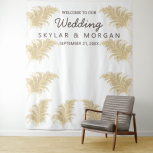 Tenture Herbe de Pampas Mariage Beige sur Fond Blanc Photo