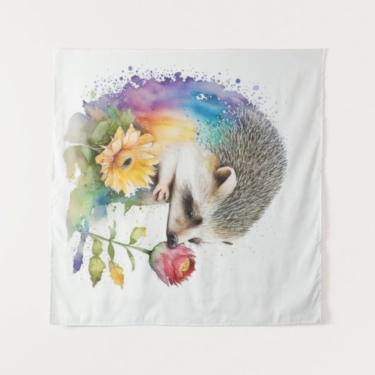 Tenture Hérisson sentant une rose rouge (Devant (Horizontal))