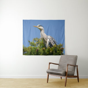 Tenture Heron gris étonnant assis sur l'arbre avec le Puff