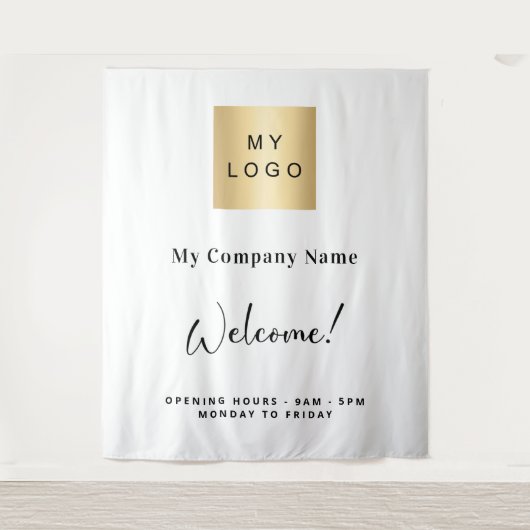 Tenture Heures d'ouverture du logo commercial blanc (Devant)