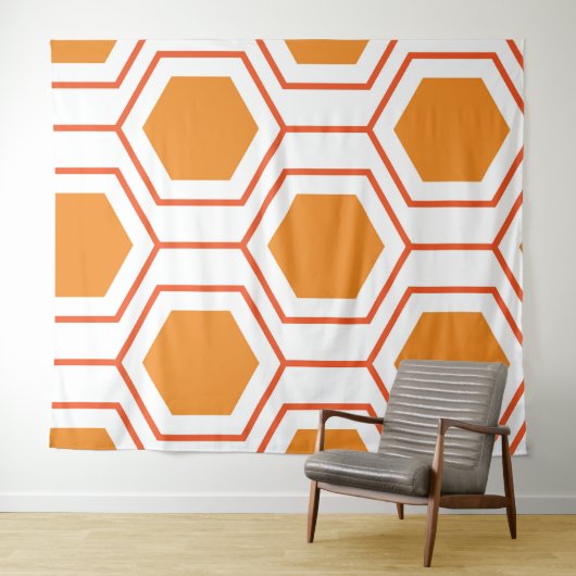 Tenture Hexagon abstract geometrical pattern en orange et (En situation (horizontale))